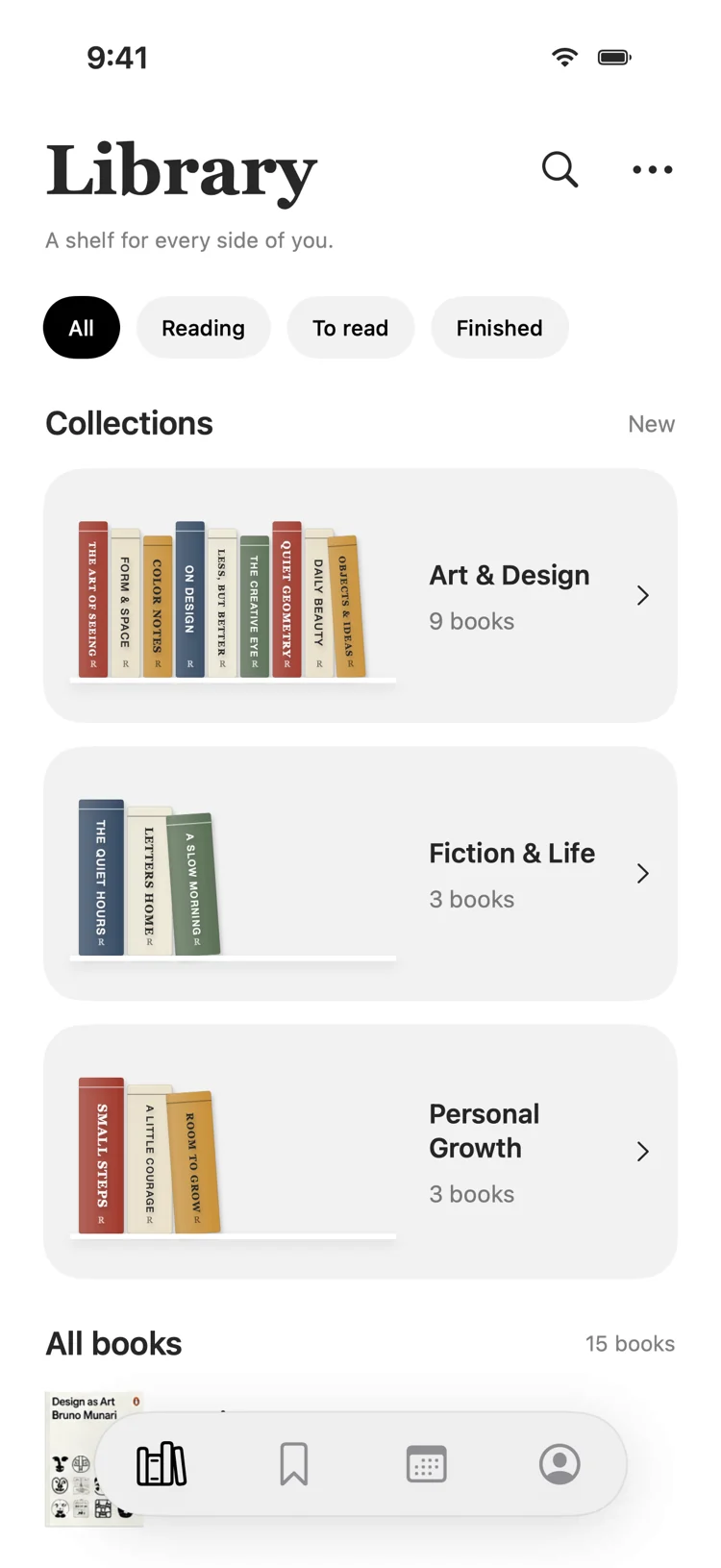 Library preview with book collections and reading filters